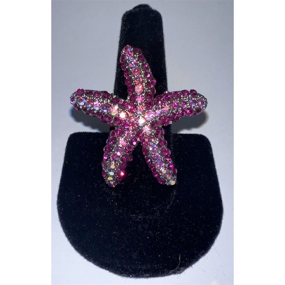 Neon Fuchsia Pink Crystal Starfish Adjustable Ring Ocean Theme